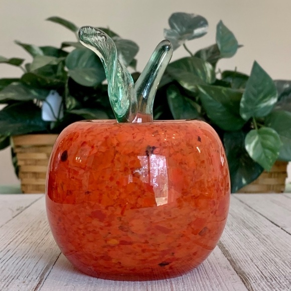 Orange Art Glass Weighted Apple Paperweight With Clear Green Stem Leaf 4 1/2” T - Picture 14 of 15